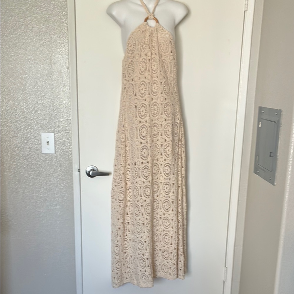 Elexiay Cream Crochet Halter Maxi Dress